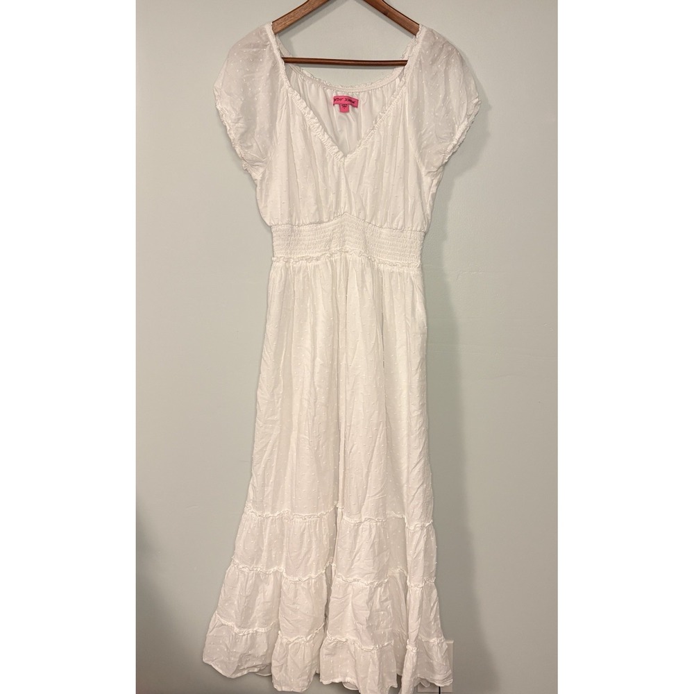 Betsey Johnson White Clip Dot Midi Dress L Preppy Femme Fairy Angel CottageCore